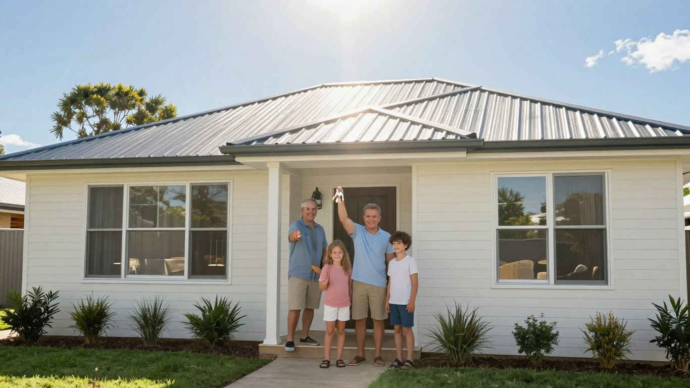 Family outside new Queensland home, holding keys.