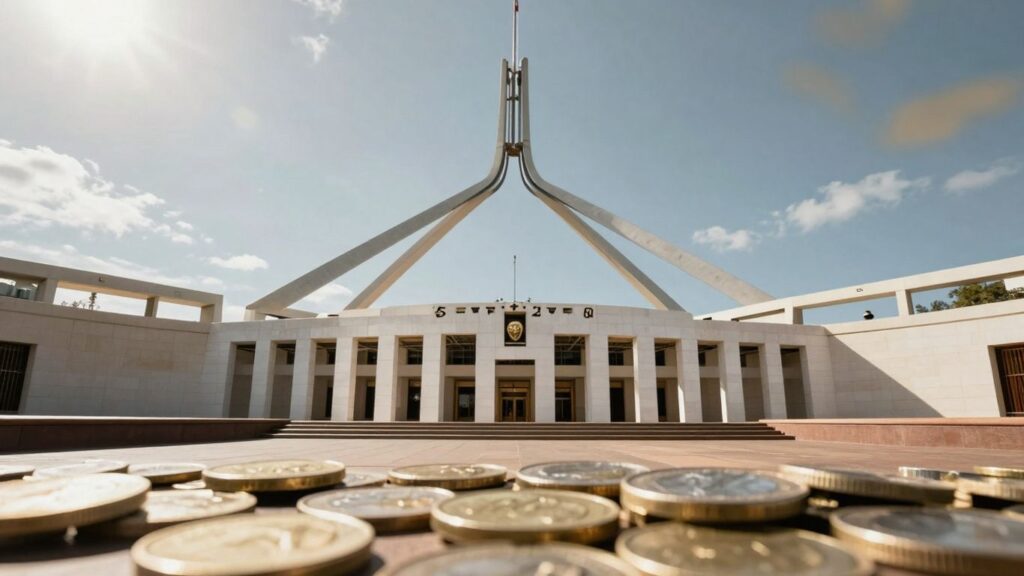 Australian Parliament House with golden coins overlay.