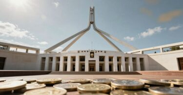 Australian Parliament House with golden coins overlay.