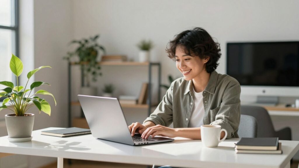 Person working on laptop at home desk.