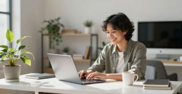 Person working on laptop at home desk.
