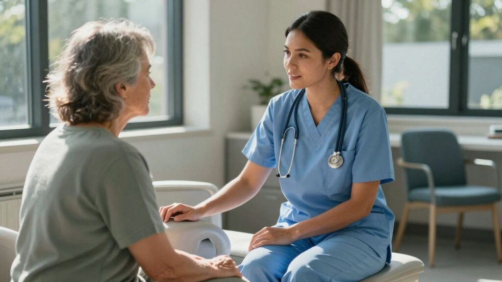 Nurse supporting patient in Australian mental health setting.