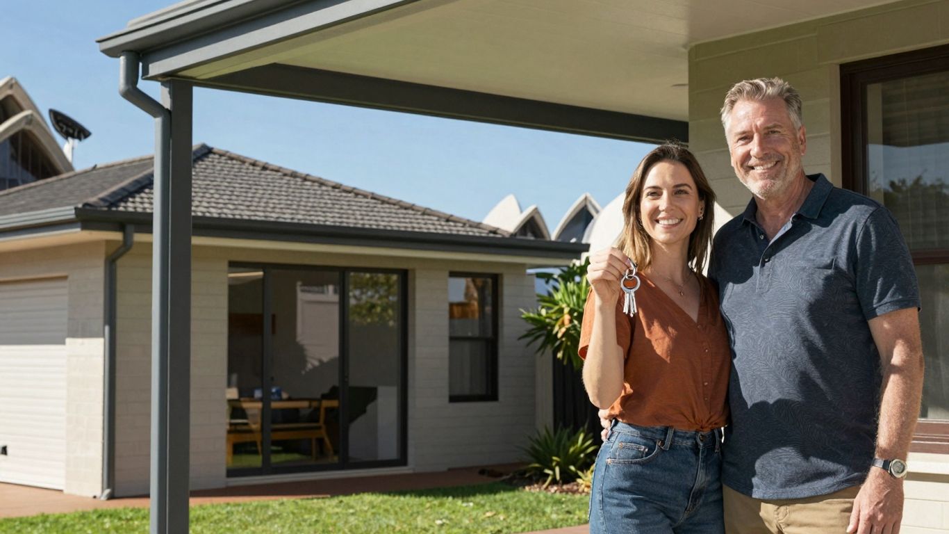 Couple with keys outside new NSW home