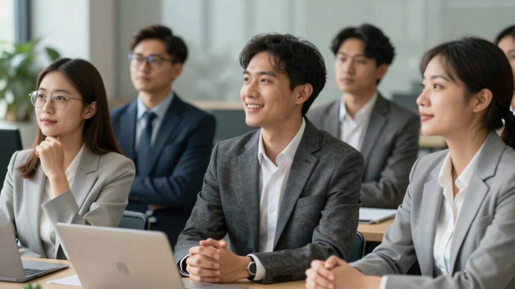 People in a professional setting looking hopeful and engaged.