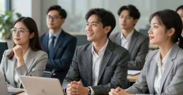 People in a professional setting looking hopeful and engaged.