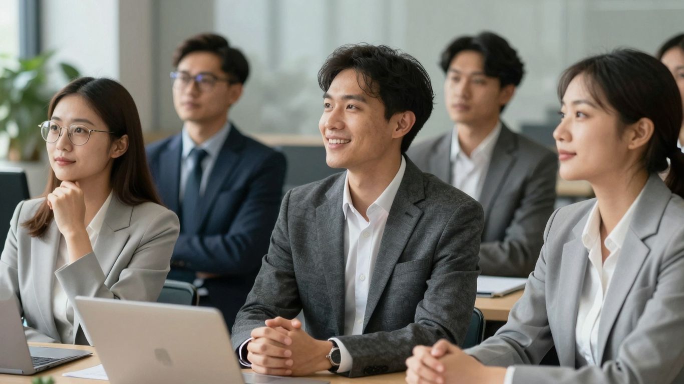 People in a professional setting looking hopeful and engaged.