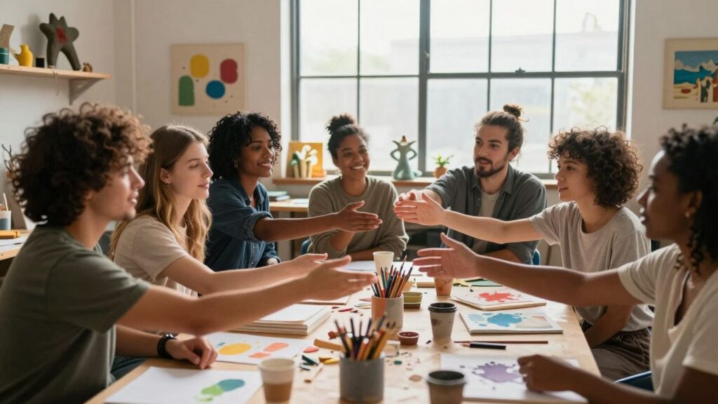 Australian artists collaborating in a sunlit studio space.