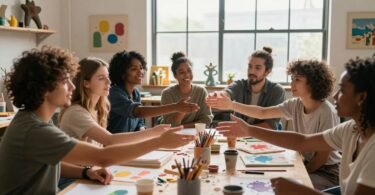 Australian artists collaborating in a sunlit studio space.