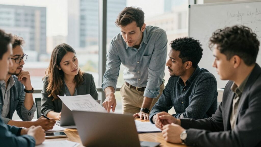 Entrepreneurs collaborating on startup ideas for 2025.