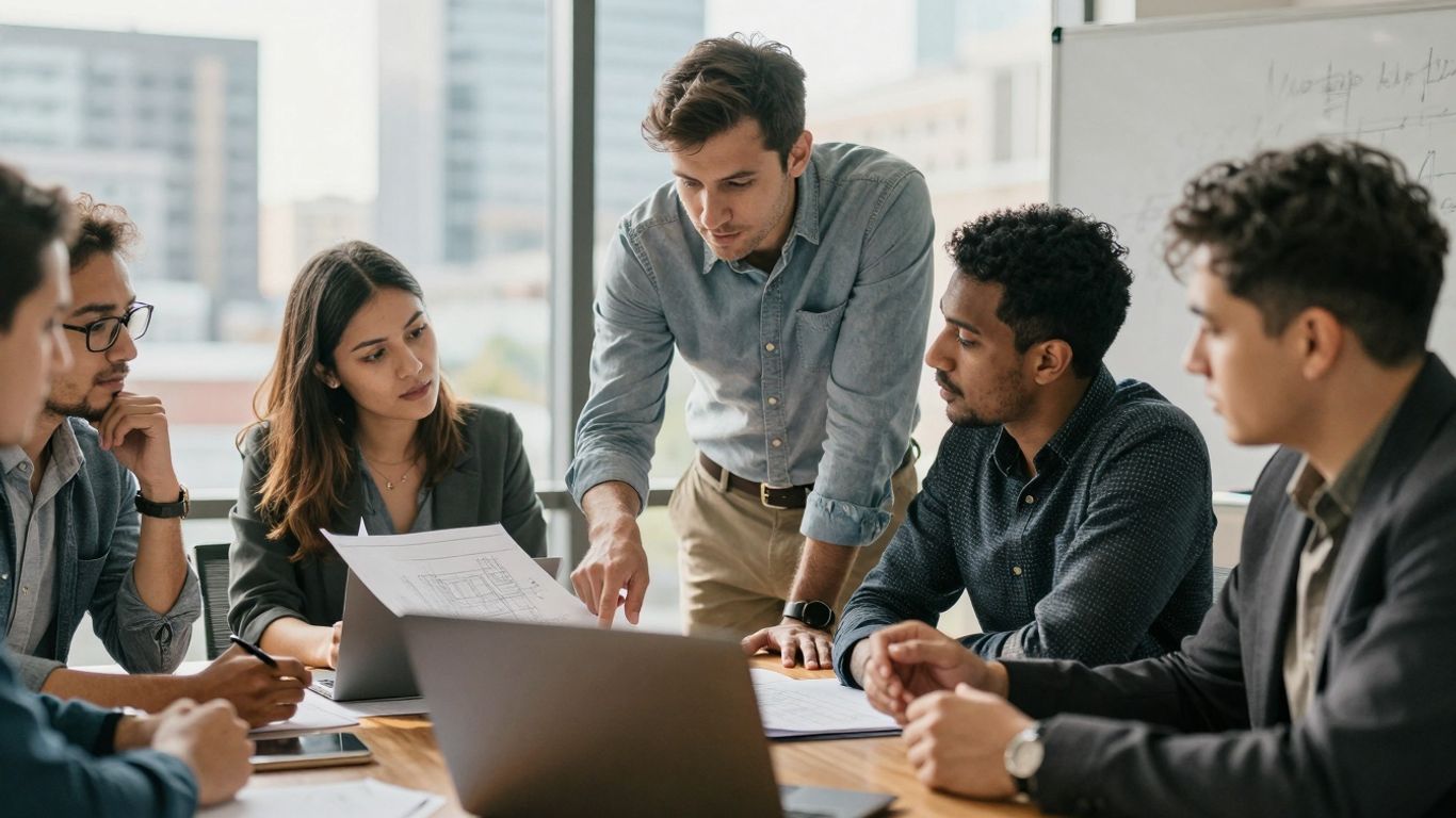 Entrepreneurs collaborating on startup ideas for 2025.