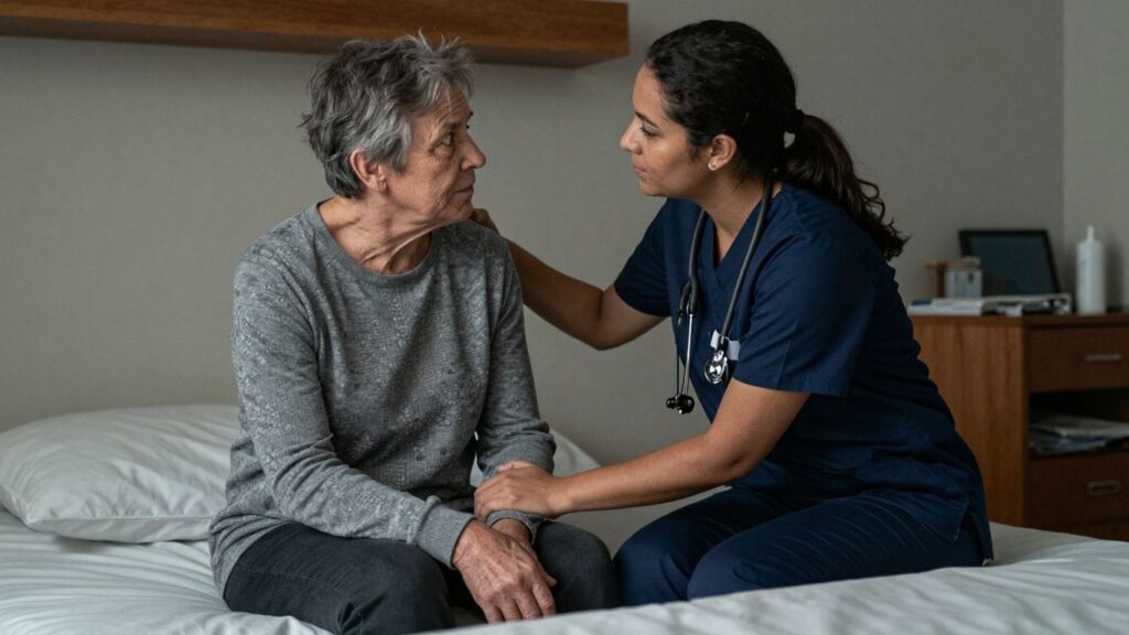 Mental health nurse supporting patient in Australian healthcare setting.