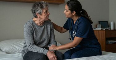 Mental health nurse supporting patient in Australian healthcare setting.