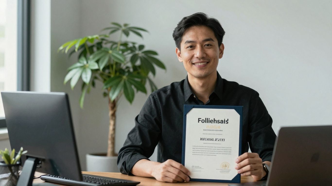 Professional holding a mental health certification, looking accomplished.