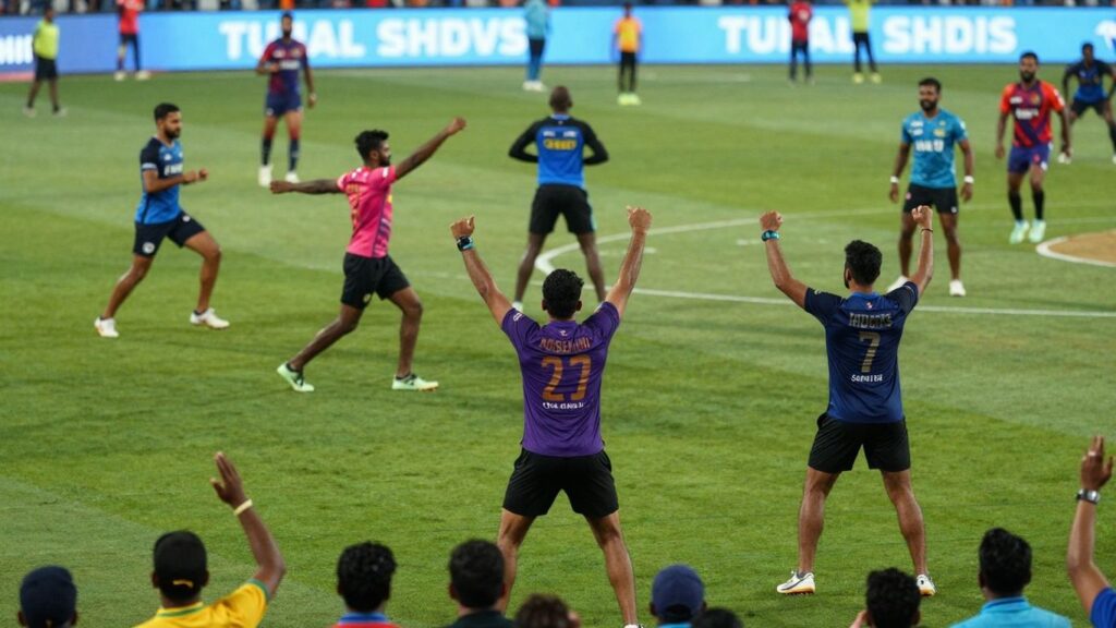 Indian sports fans cheering in a brightly lit stadium.