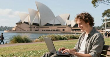 Person working on laptop in Australia, online jobs.
