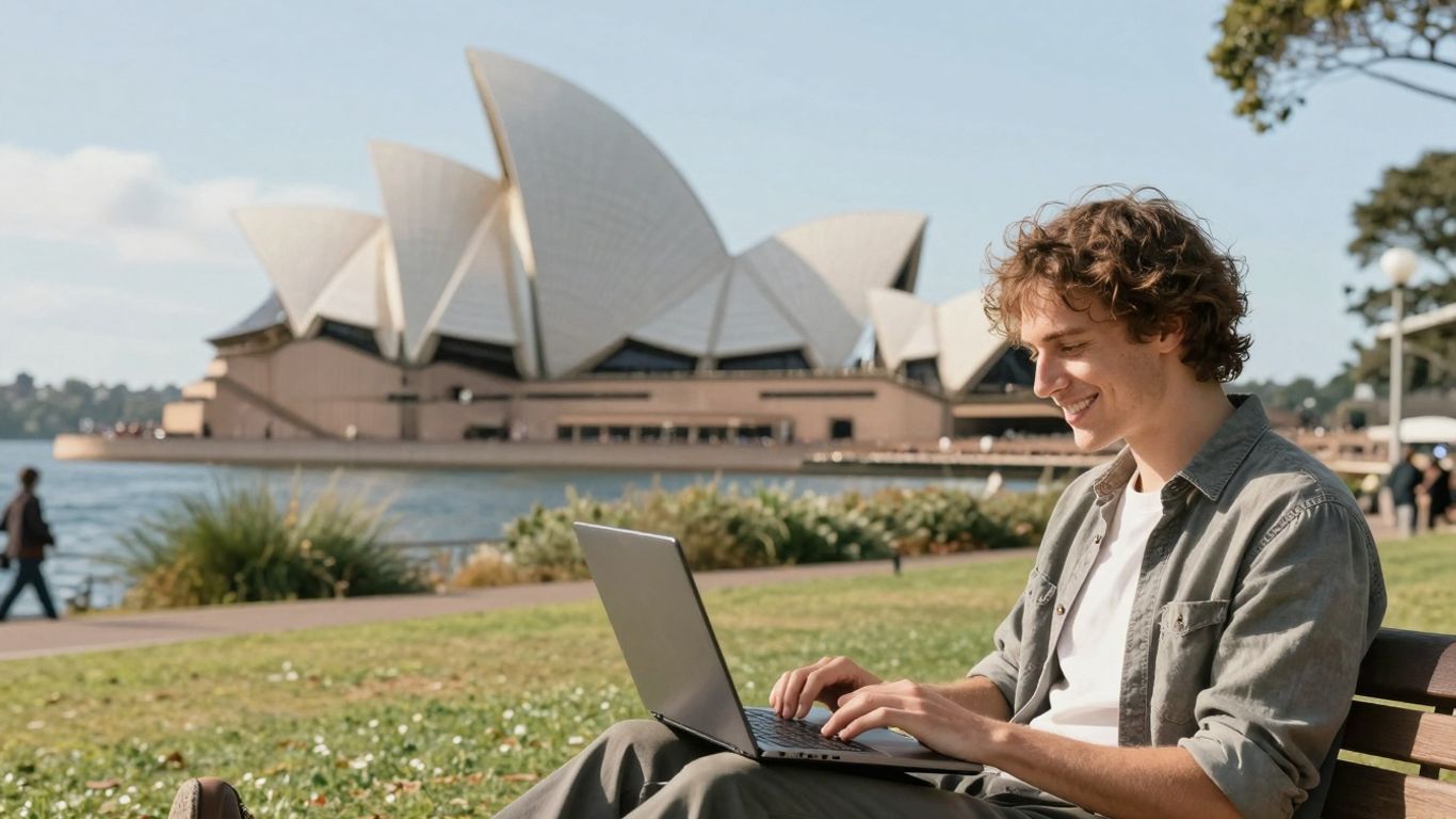 Person working on laptop in Australia, online jobs.