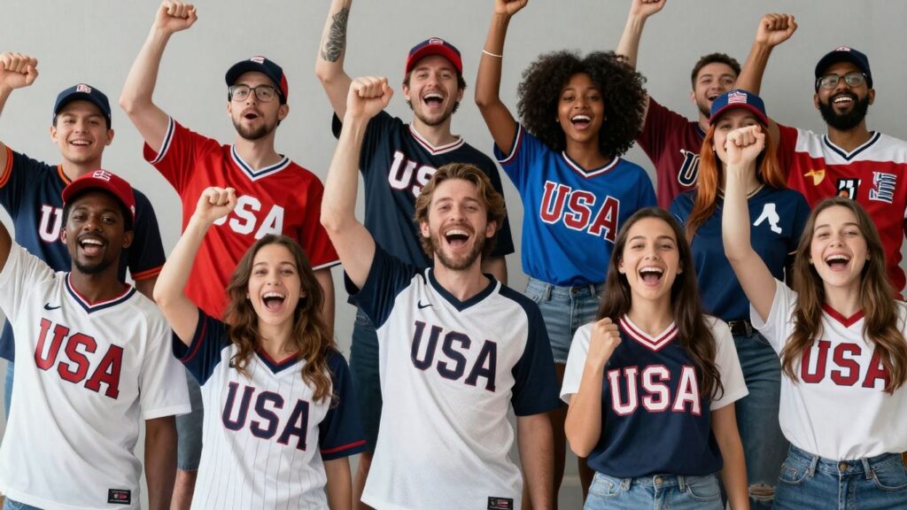 Fans in USA sports clothing celebrating.