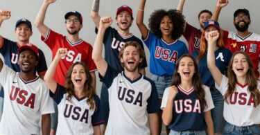 Fans in USA sports clothing celebrating.