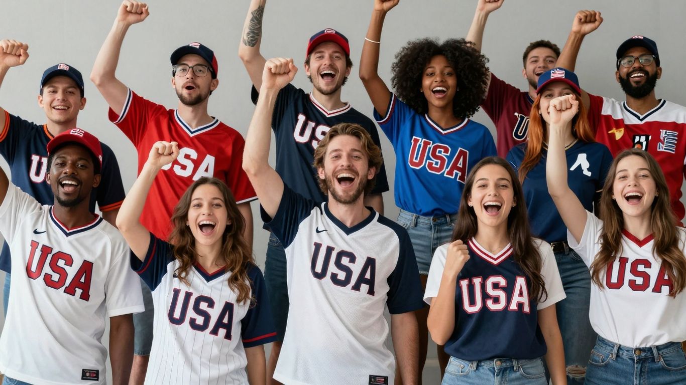 Fans in USA sports clothing celebrating.
