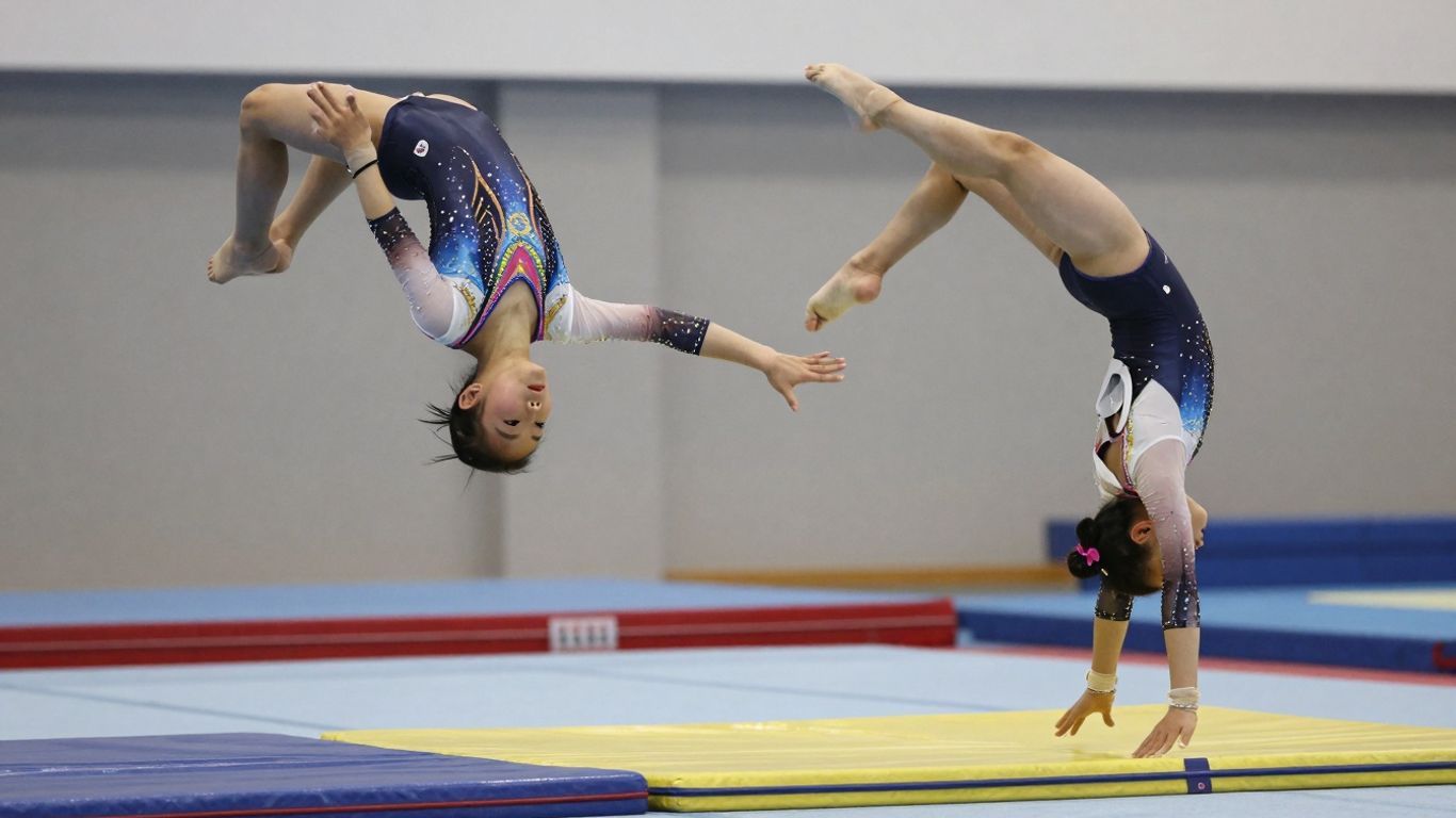 Gymnasts performing flips and tumbles at Gladesville Gymnastics Club.