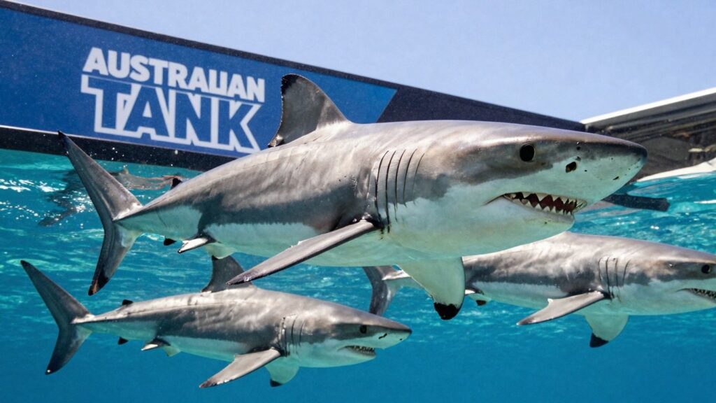 Sharks swimming in blue water, Australian Shark Tank theme.