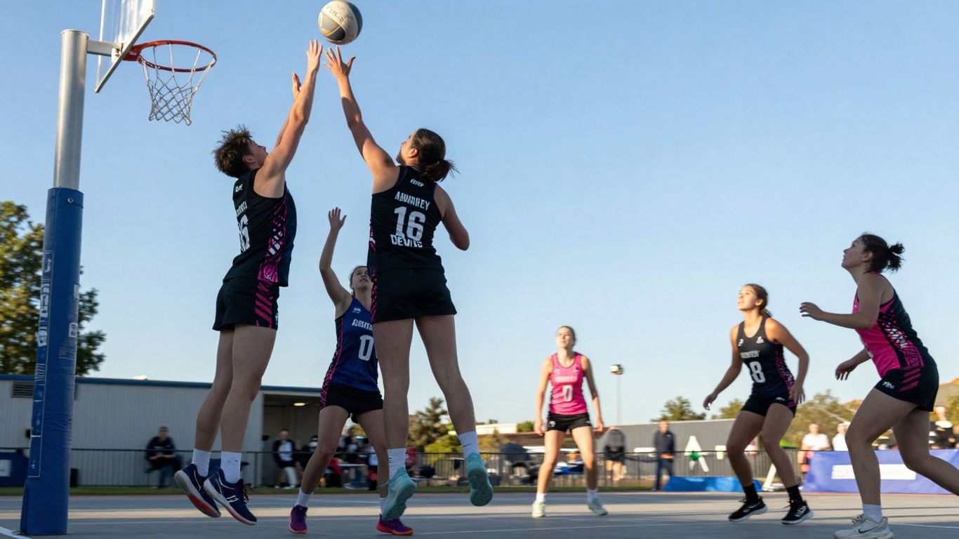 Aspley Devils netball players in action on court.
