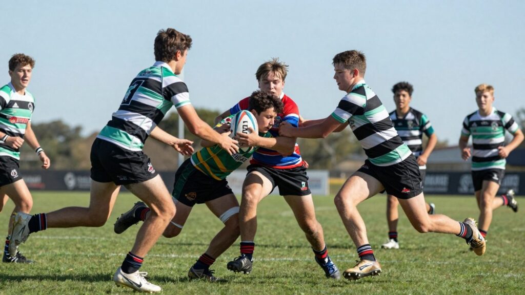 Young rugby league players in action on a field.
