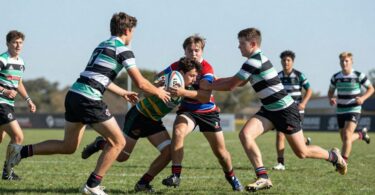 Young rugby league players in action on a field.