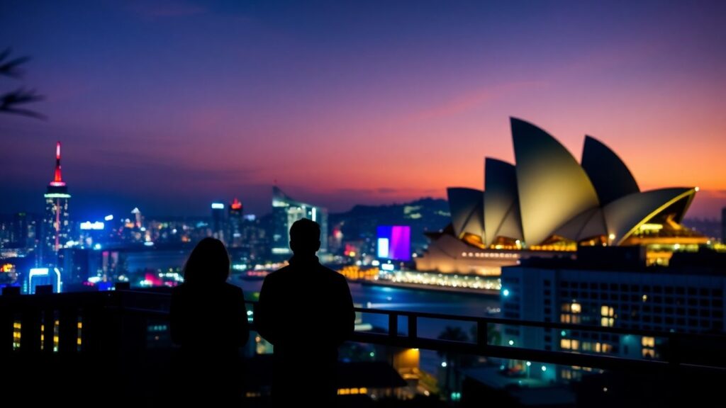 Sydney Opera House at dusk with city skyline.