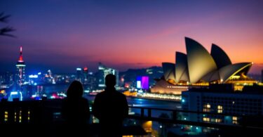 Sydney Opera House at dusk with city skyline.