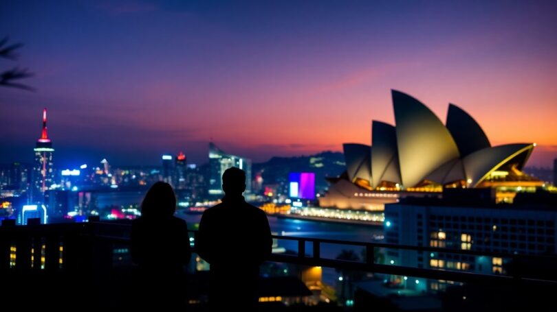 Sydney Opera House at dusk with city skyline.