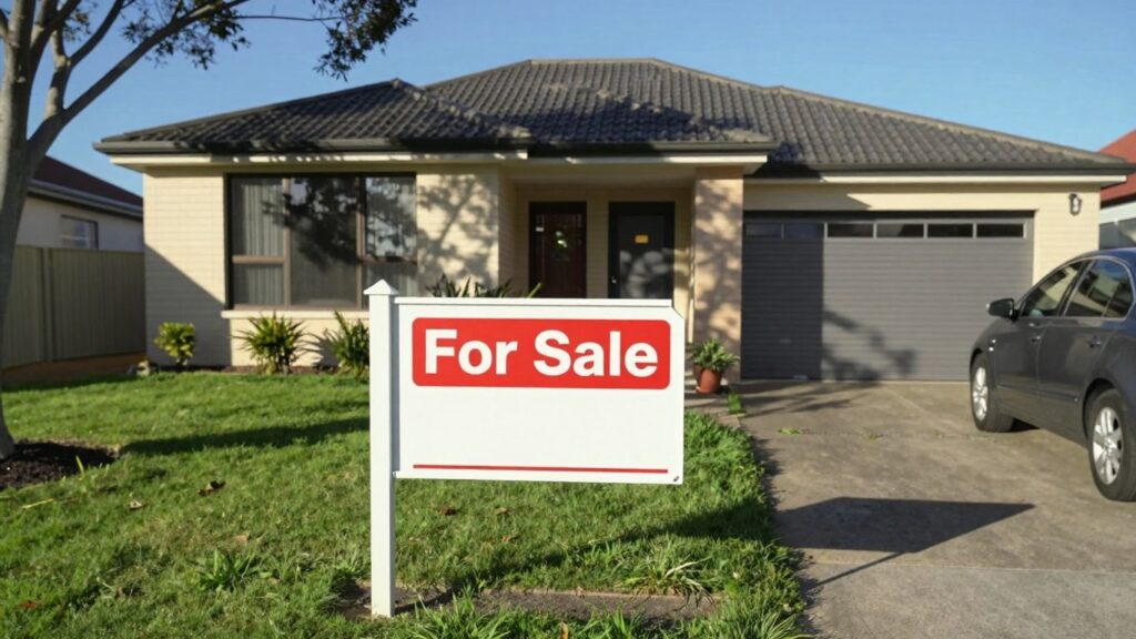 Australian house for sale with green lawn.