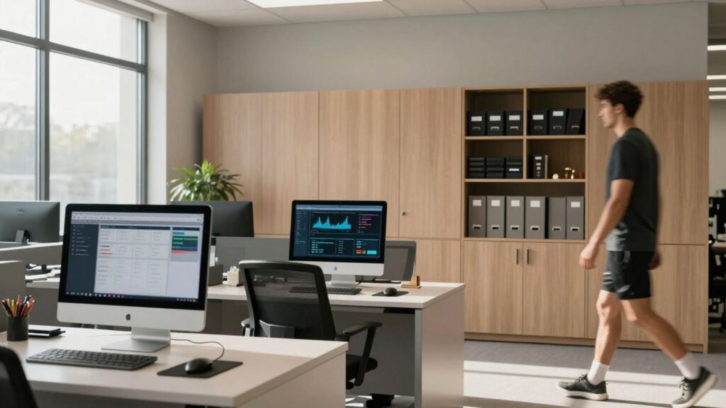 Modern sports club office with computers and organized files.