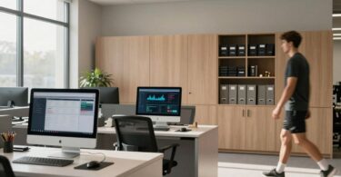 Modern sports club office with computers and organized files.