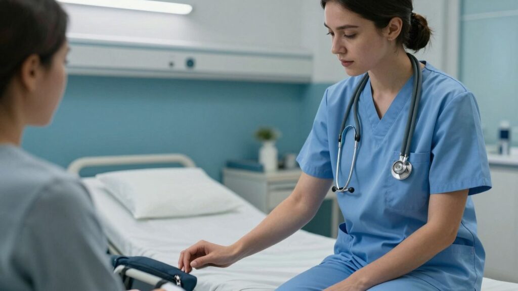 Nurse caring for patient in mental health setting.