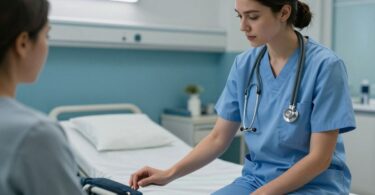 Nurse caring for patient in mental health setting.