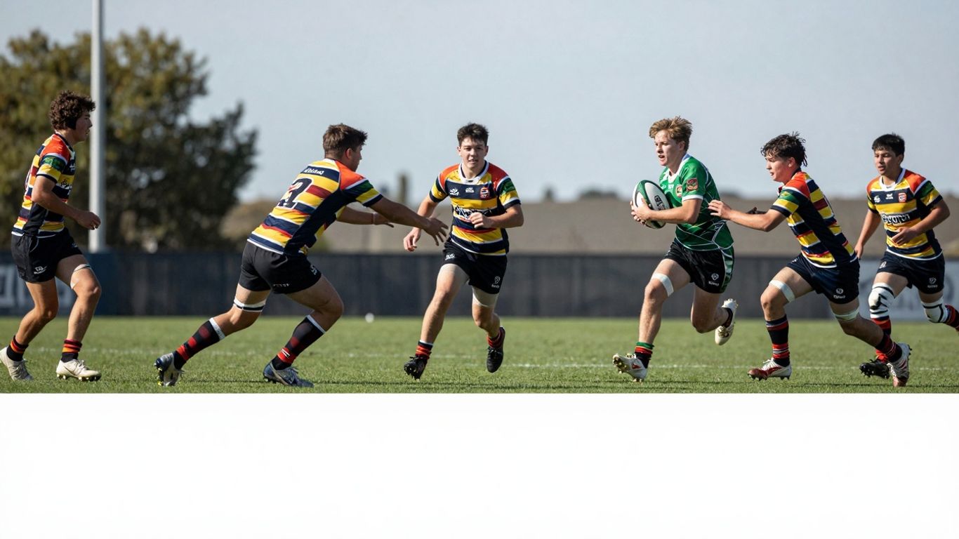 Young rugby league players in action on a field.