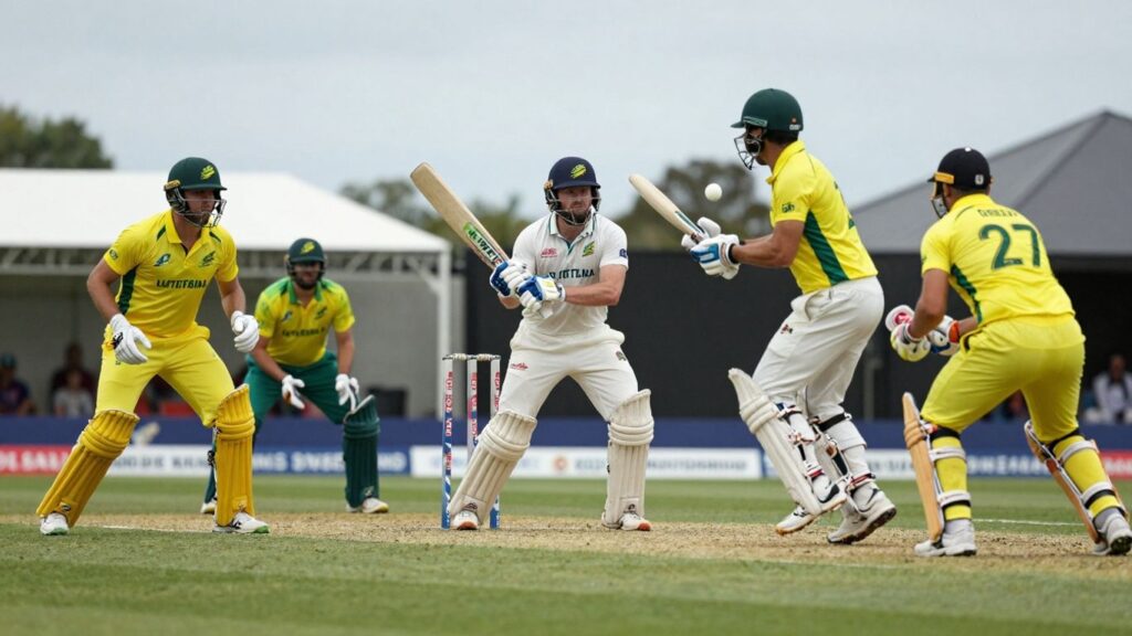 Cricket players in action during a match.