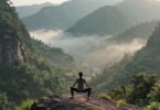 Yoga pose overlooking misty Blue Mountains valley.