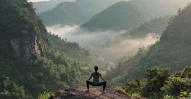 Yoga pose overlooking misty Blue Mountains valley.