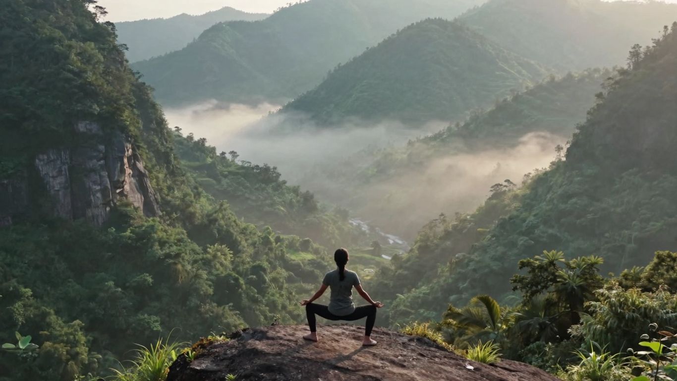 Yoga pose overlooking misty Blue Mountains valley.