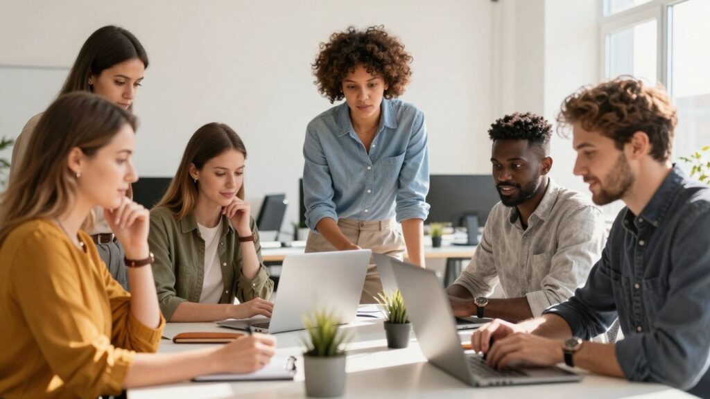Entrepreneurs collaborating in a bright, modern startup office.