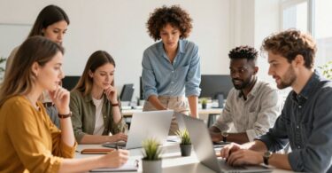 Entrepreneurs collaborating in a bright, modern startup office.