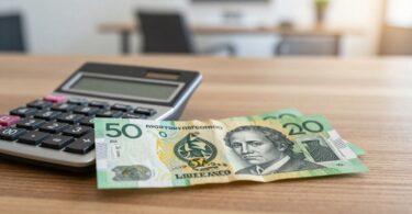 Australian dollar bills and a calculator on a table.