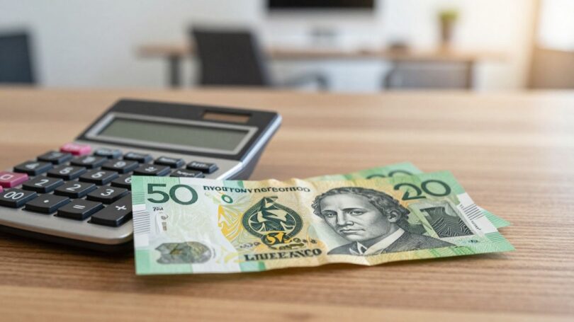 Australian dollar bills and a calculator on a table.