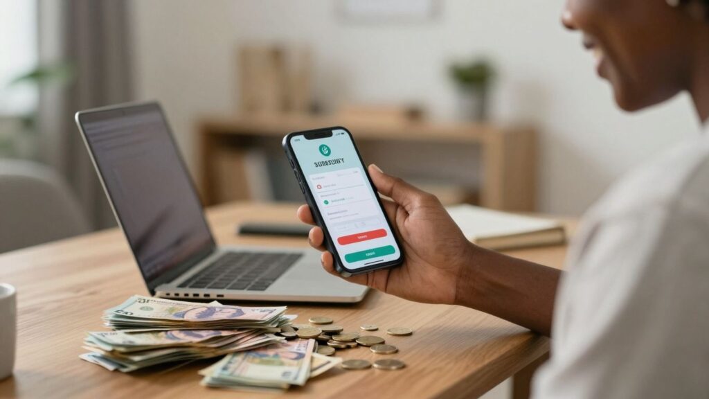 Person earning money from online surveys on phone.