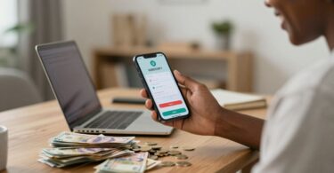 Person earning money from online surveys on phone.