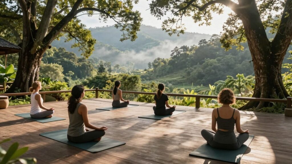 Yoga retreat in misty Blue Mountains, Australia.