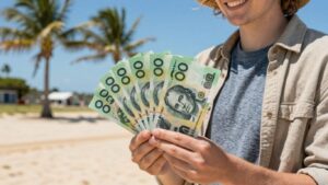 Person holding cash on an Australian beach