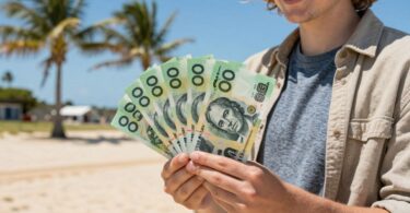 Person holding cash on an Australian beach